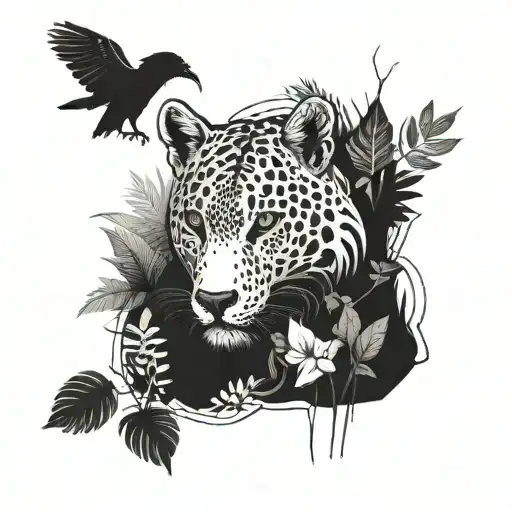 A detailed illustration of a veterinarian caring for injured wildlife in a lush jungle environment tattoo design idea