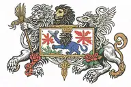 Haitian flag connected with a lion and a cross in the middle tattoo design idea