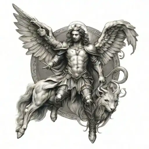 A full sleeve showcasing the archangel Michael as a guardian of three zodiac signs: Sagittarius, Capricorn, and Leo tattoo design idea