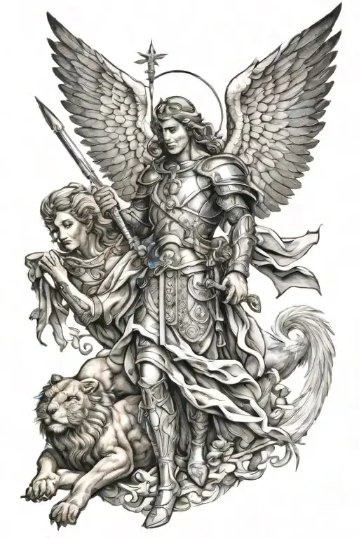 A full sleeve tattoo with the archangel Michael protecting a Sagittarius, a Capricorn, and a Leo tattoo design idea