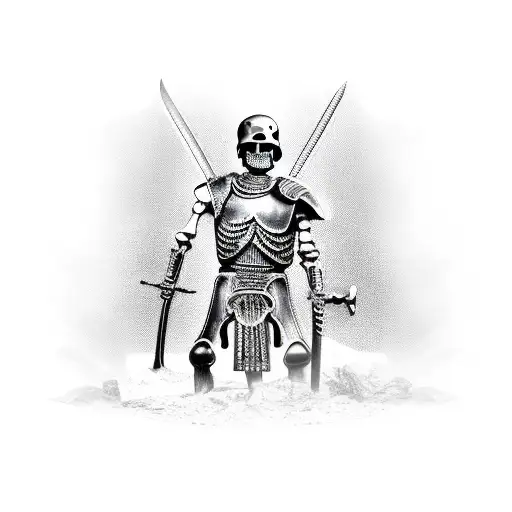  A full-length skeleton of a Roman legionnaire in armor holds a bottle of rum and a sword in his hands. tattoo design idea