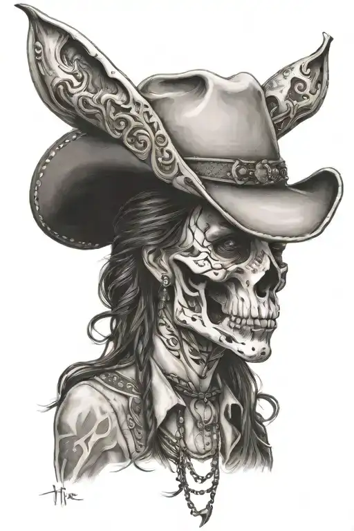 Cowgirl side profile, bull skull, "to thine own self be true", western, outlaw tattoo design idea