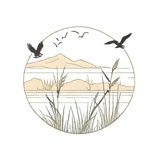 marsh with cattails and distant hill birds flying tattoo design idea