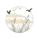 marsh with cattails and distant hill birds flying tattoo design idea