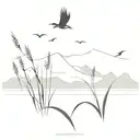 marsh with cattails and distant hill birds flying tattoo design idea