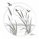 marsh with cattails and distant hill birds flying tattoo design idea