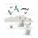 marsh with cattails and distant hill birds flying tattoo design idea