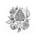 A blackwork tattoo of a journal with intricate designs on the cover, surrounded by autumn leaves and flowers tattoo design idea