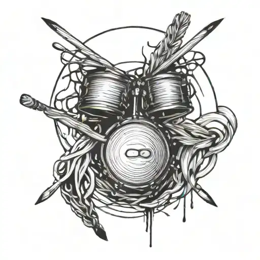 thin drumsticks intertwined with a drum in the background tattoo design idea