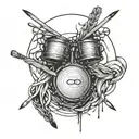 thin drumsticks intertwined with a drum in the background tattoo design idea