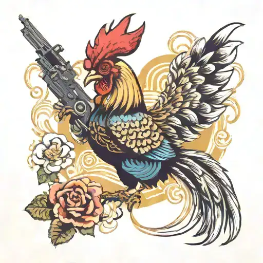 fighting rooster holding a gun morphing tattoo design idea