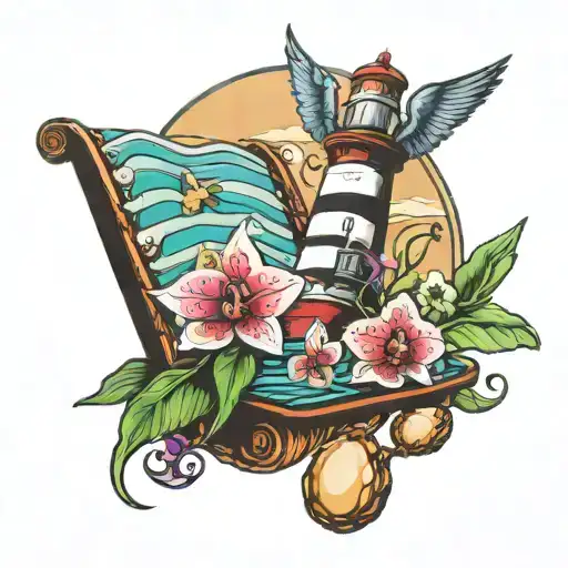 Lighthouse Seagul Orchid Beachchair seashell surrounded tattoo design idea