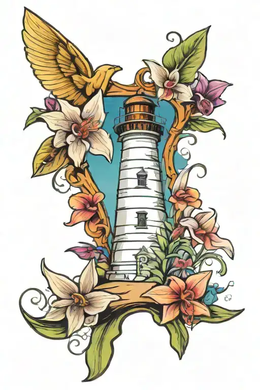 Lighthouse Seagul Orchid Beachchair seashell surrounded tattoo design idea
