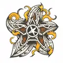 Shuriken with a chrome-plated cross small burning  tattoo design idea