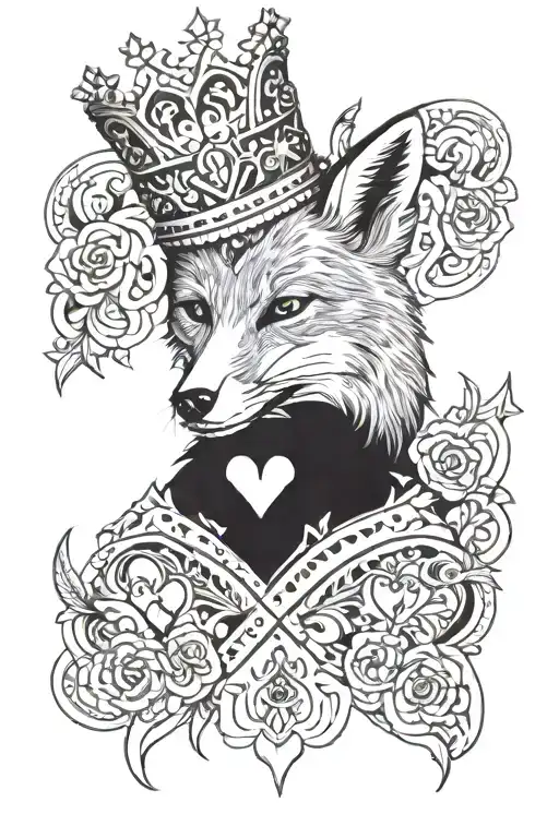 a fox wearing a crown with playing cards tattoo design idea
