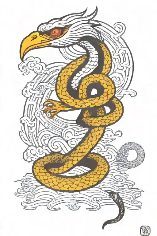snake being attacked by crane flying tattoo design idea