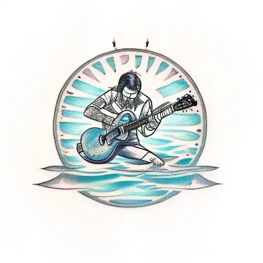 A sketch-style tattoo of a person playing the guitar while floating on a tranquil water surface tattoo design idea