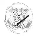 A sketch-style tattoo of a person playing the guitar while floating on a tranquil water surface tattoo design idea