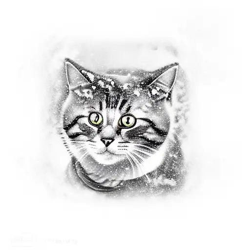 A tattoo of a cat playing in the snow with a dark and mysterious atmosphere tattoo design idea