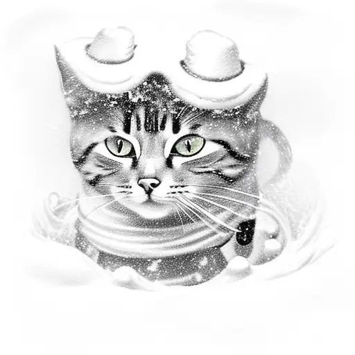 A tattoo of a cat playing in the snow with a dark and mysterious atmosphere tattoo design idea