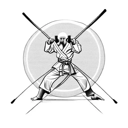 karate master doing a butterfly kick with double sided battle axe in background tattoo design idea