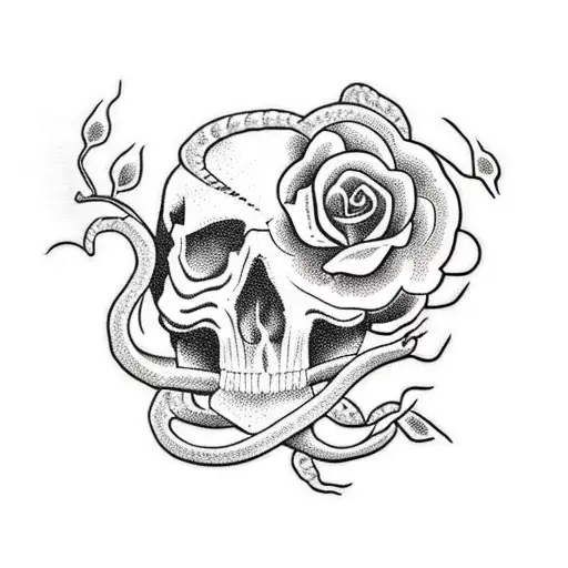 snake slithering around skull with sakura flowers tattoo design idea