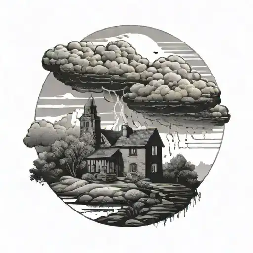 landscape view with brick shading thunderstorm  tattoo design idea