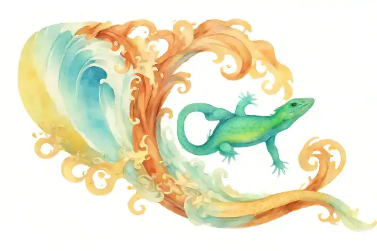 lizard surfing a giant wave tattoo design idea