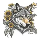 wolf, nature, sunflowers, love tattoo design idea