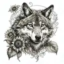 wolf, nature, sunflowers, love tattoo design idea