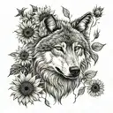 wolf, nature, sunflowers, love tattoo design idea