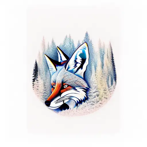 forest with fire and gradient wirh fox tattoo design idea
