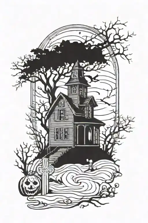 half sleeve haunted house with cemetery silhouette and dead trees tattoo design idea