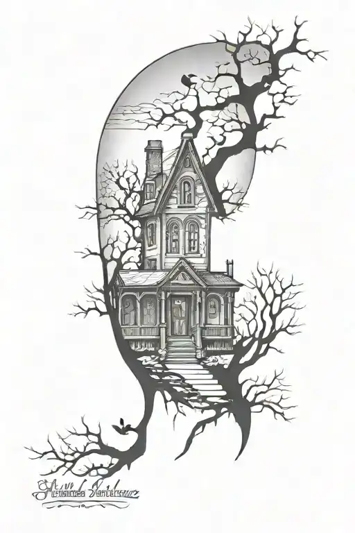 half sleeve haunted house with cemetery silhouette and dead trees tattoo design idea