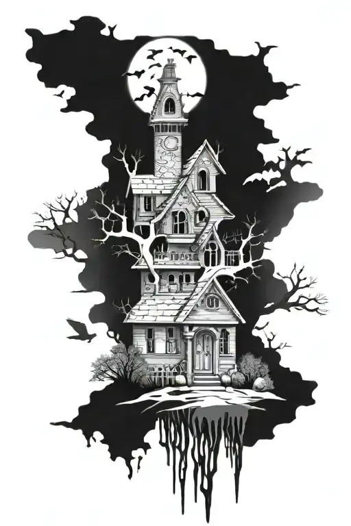 half sleeve haunted house with cemetery silhouette and dead trees tattoo design idea