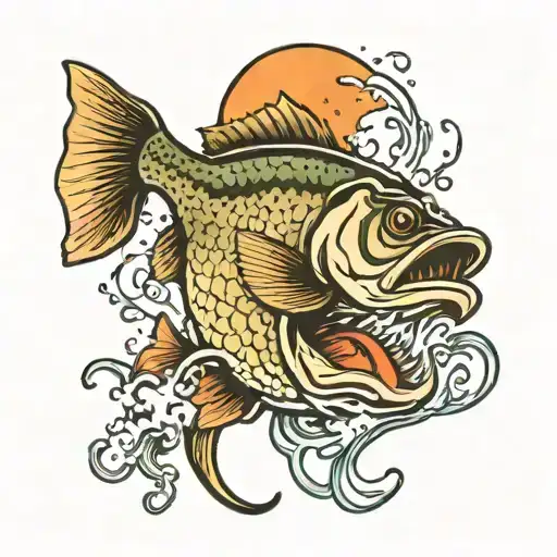 a fishing tattoo of a bass jumping out of water with hook in mouth  tattoo design idea