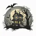 haunted house with graveyard silhouette in yard. full moon and bats with dead trees silhouettes tattoo design idea