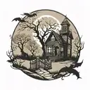 haunted house with graveyard silhouette in yard. full moon and bats with dead trees silhouettes tattoo design idea