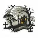 haunted house with graveyard silhouette in yard. full moon and bats with dead trees silhouettes tattoo design idea