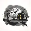 haunted house with graveyard silhouette in yard. full moon and bats with dead trees silhouettes tattoo design idea