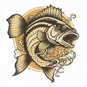a fishing tattoo of a bass jumping out of water with hook in mouth  tattoo design idea