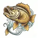 a fishing tattoo of a bass jumping out of water with hook in mouth  tattoo design idea