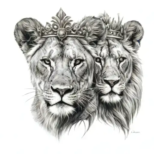female lioness and lion cub with crowns tattoo design idea