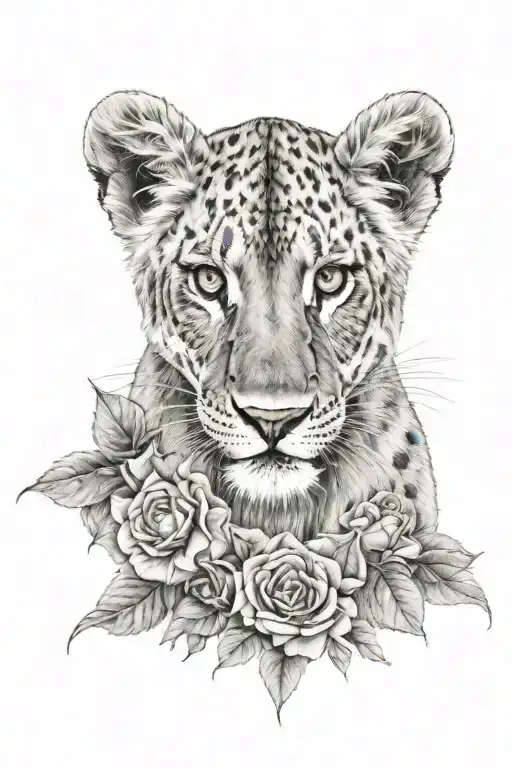lioness 1 lion cub flowers lace tattoo design idea