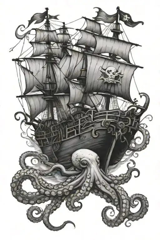 ship octopus pirate chick tattoo design idea