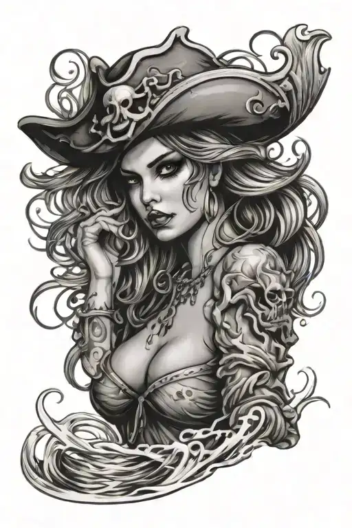  pirate sexy chick wrapped in water waves tattoo design idea