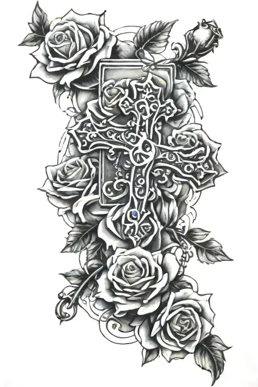 3d cross, rosary, roses name written tattoo design idea