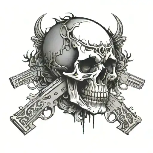 skull and guns intertwined tattoo design idea