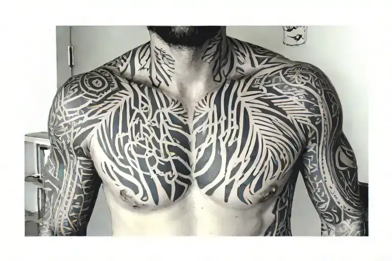 lines on the chest and shoulders of a guy tattoo design idea