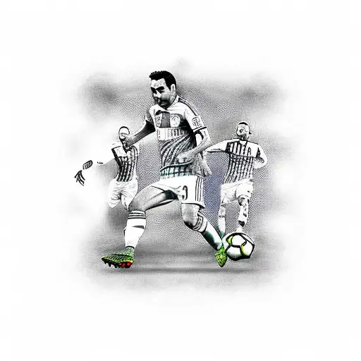 A realistic black and grey tattoo of Xavi, Iniesta, and Busquets in action on the soccer field tattoo design idea
